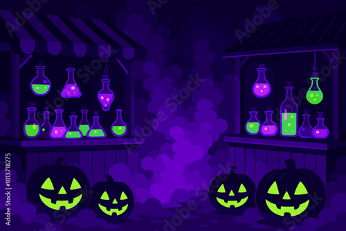 Halloween potion market with glowing pumpkins and spooky mist