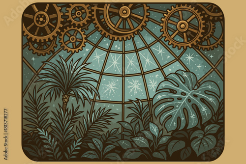 Vintage greenhouse with gears and frost on glass dome
