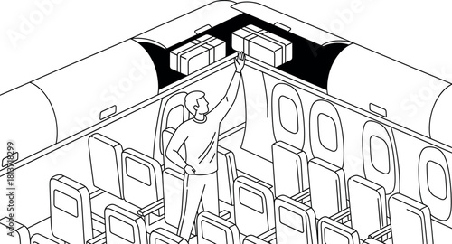 Passenger Storing Carry-On Luggage in Airplane Overhead Bin Vector Illustration