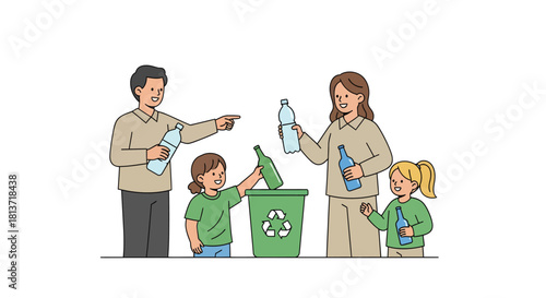 Joyful family actively recycling plastic bottles and glass, teaching children environmental responsibility in a bright, modern setting