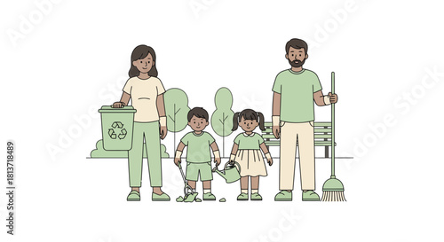 Joyful family unites for eco-friendly park cleanup, fostering environmental stewardship and community spirit with recycling efforts.