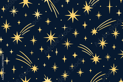 Seamless pattern of golden stars and comets on dark background