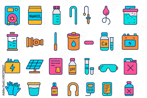 Bright lab equipment and chemical testing icon collection
