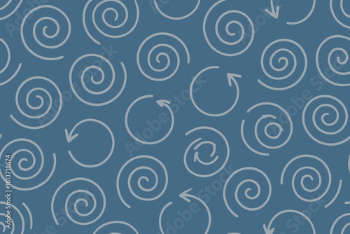 Seamless swirl and arrow loop pattern on blue background
