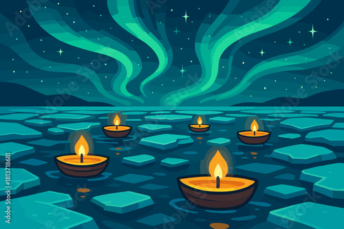 Floating candles on icy water under northern lights