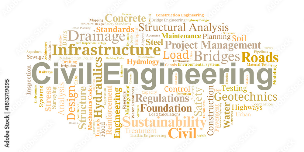 Fototapeta premium Civil Engineering Word Cloud. Key concepts highlighting structural design, infrastructure development, water systems, materials, and essential engineering principles for public works projects.
