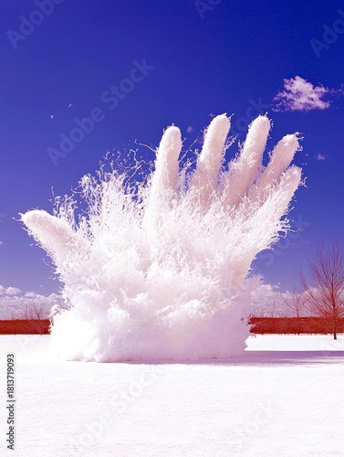 A large, white, hand-shaped sculpture, possibly made of foam or snow, appears to be exploding or bursting outward against a clear blue sky.