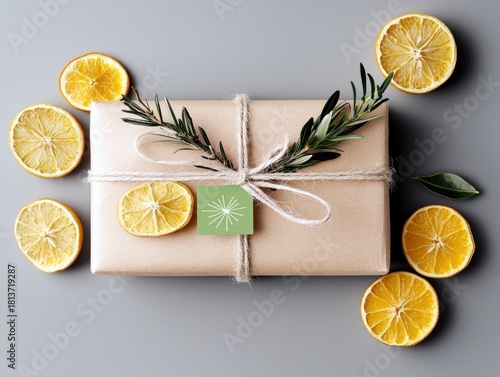 A gift box is adorned with a sprig of rosemary and tied with twine, surrounded by dried orange and lemon slices.