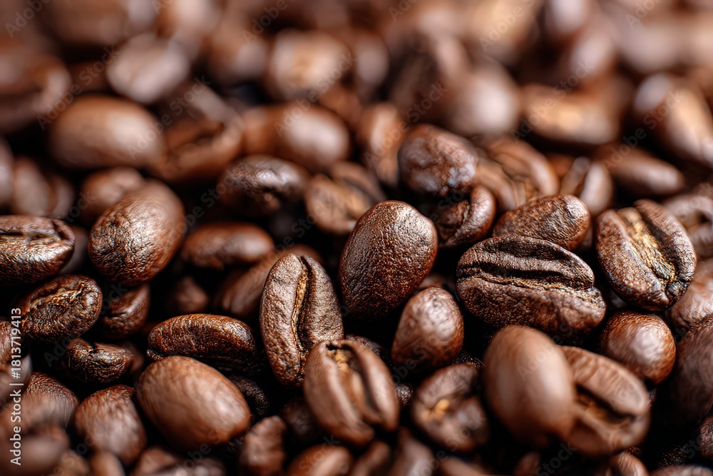 Naklejka premium Close Up View Of Roasted Coffee Beans Displaying Texture and Detail in Brown Tones