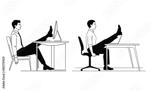 Relaxed office posture, feet on desk, illustrating casual worker.