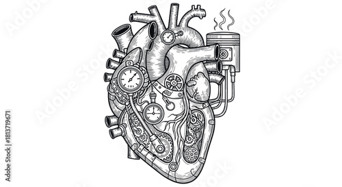 Intricate Steampunk Mechanical Heart Illustration - Engraved Line Art with Gears and Engine Parts