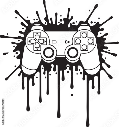 Gaming Controller and Ink Splatter: A striking monochrome illustration of a gaming controller, boldly positioned against a backdrop of dynamic ink splatter, embodying the thrill of digital play.
