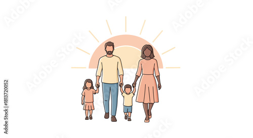 Joyful diverse family walking hand-in-hand towards a bright, hopeful future bathed in warm sunshine