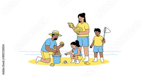 Joyful family discovering seashells and treasures together on a sunny beach vacation, creating cherished memories