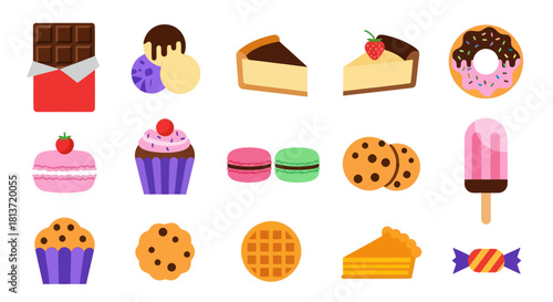 Assortment of colorful sweets and desserts in flat vector style