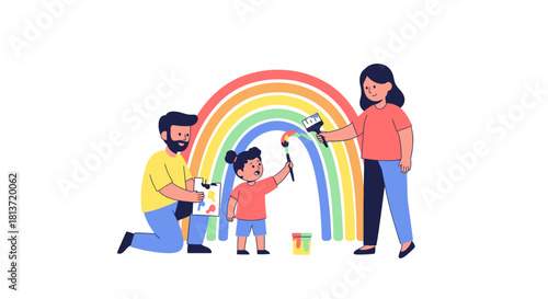 Joyful family paints a vibrant rainbow together, fostering creativity and connection in a heartwarming artistic moment.