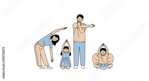Joyful family embraces a healthy lifestyle with engaging exercises and mindful stretches together, fostering wellness and connection
