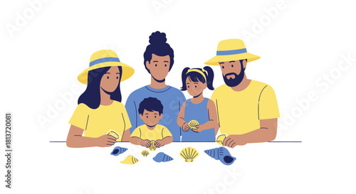 Joyful family discovers colorful seashells during a sunny beach day, creating cherished vacation memories together.