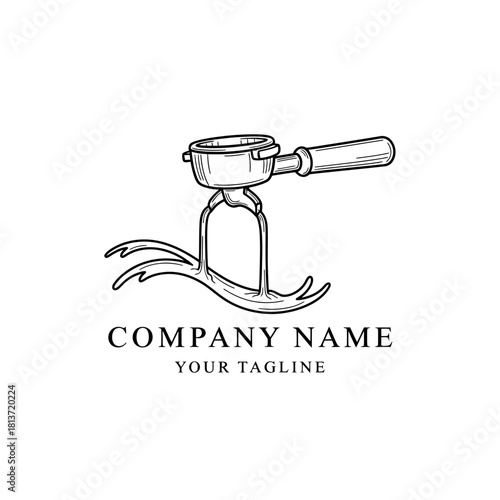 Coffee portafilter illustration with flowing liquid, perfect for branding.