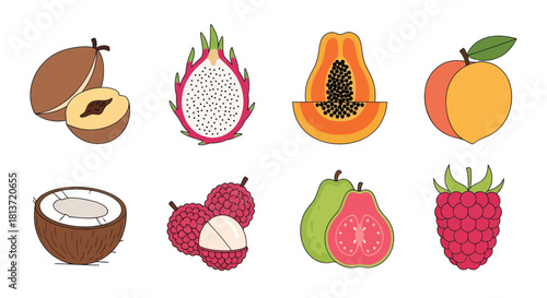 Assortment of exotic fruits isolated on white background for design
