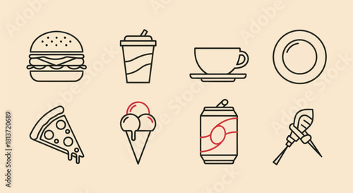 Assortment of food and beverage icons on neutral background