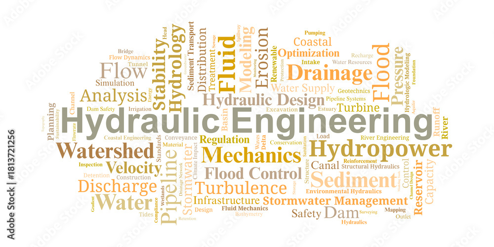 Fototapeta premium Hydraulic Engineering Word Cloud. Essential Concepts in Water Systems and Fluid Design