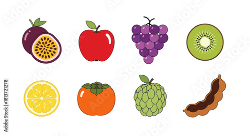 Assortment of fresh fruits apple grapes kiwi lemon and more on white