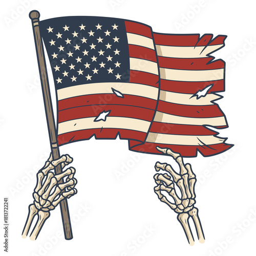 Skeleton Hands Holding Tattered American Flag Vector Illustration
