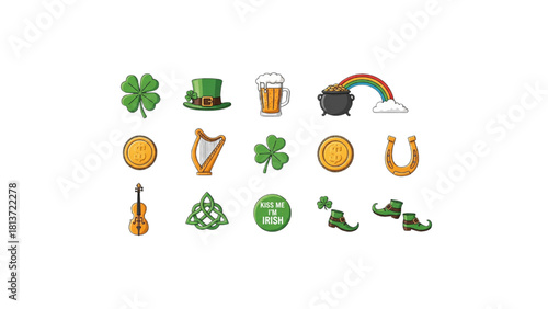st. patrick’s day irish icon set – clover, hat, gold, rainbow, beer