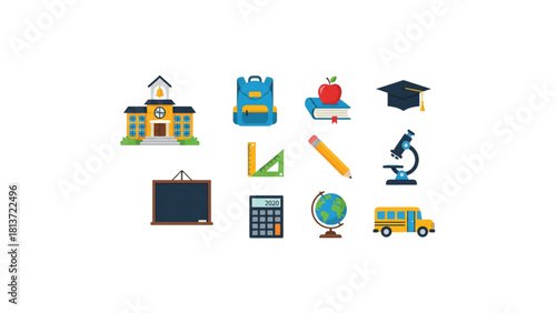colorful school education icons set on transparent background