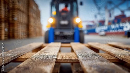 Forklift at Work: The photo captures a forklift actively maneuvering a wooden pallet within a bustling industrial setting, illustrating the logistics of cargo handling and supply chain operations.