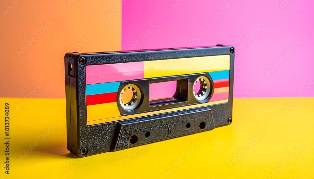 Obraz premium Retro audio cassette tape with colorful label on a vibrant yellow, orange, and pink background, evoking 80s and 90s nostalgia.