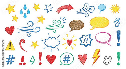 Colorful Hand-Drawn Doodle Elements Set: Speech Bubbles, Hearts, Stars, and Emotive Symbols