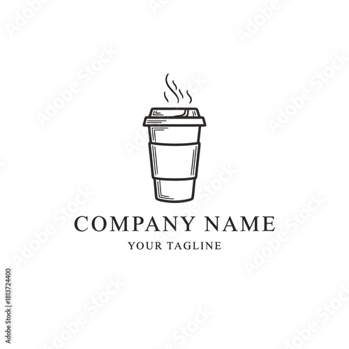 Hand drawn coffee cup logo with steam sketch illustration.