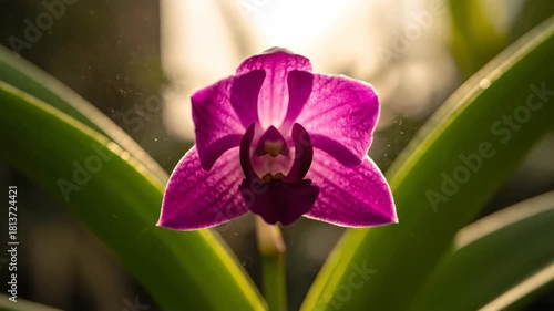 Orchid flower blooming in sunlight with green leaves