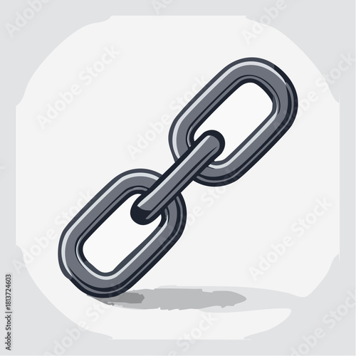 Cartoonish drawing of a metal chain with two links, casting a shadow on a white circular background connection