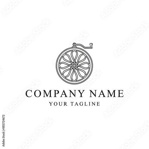 Elegant line art logo of a mechanical wheel with a hand crank and ornate interior pattern.