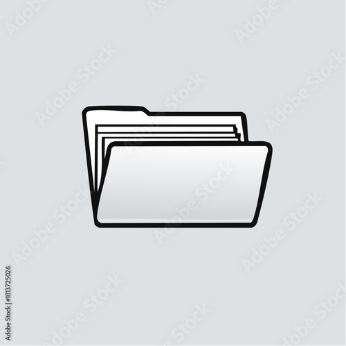 Black outline illustration of an open file folder with several sheets of paper inside on a light gray background