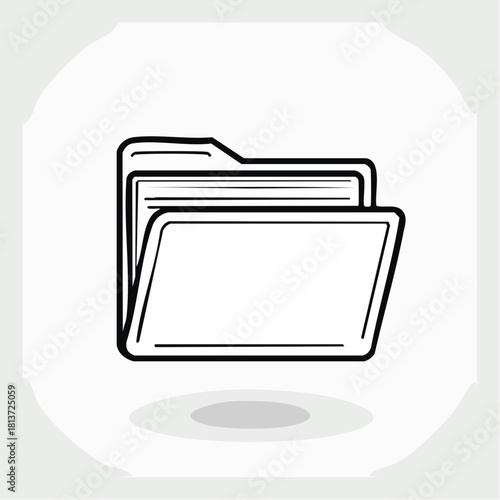Black outline of an open file folder with papers, casting a subtle shadow on a white background document