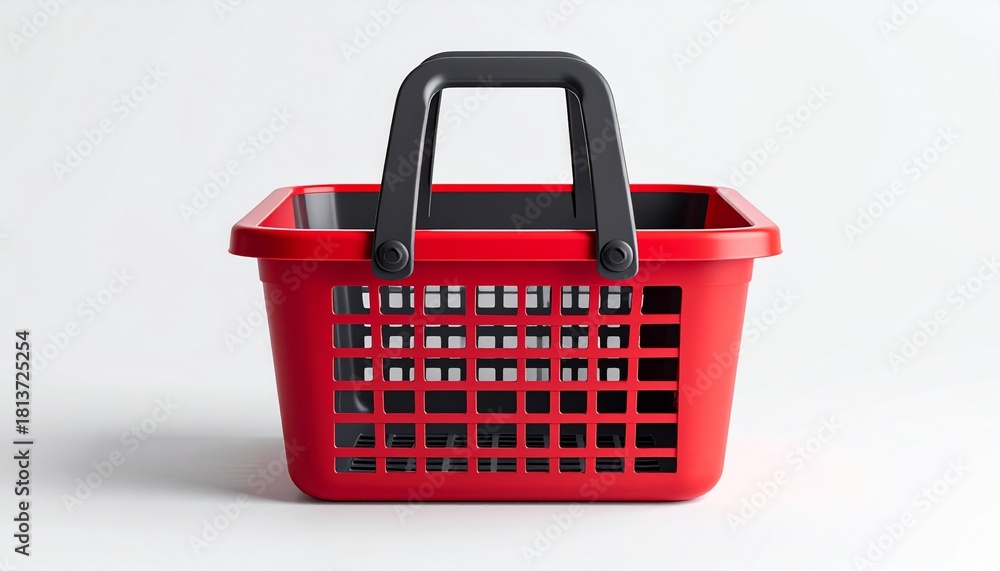 Fototapeta premium Red plastic shopping basket with black upright handles and grid sides on neutral background