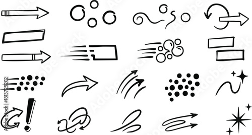 Hand drawn set of velocity arrows rectangular highlights circles dots swirls and dynamic movement trace lines.