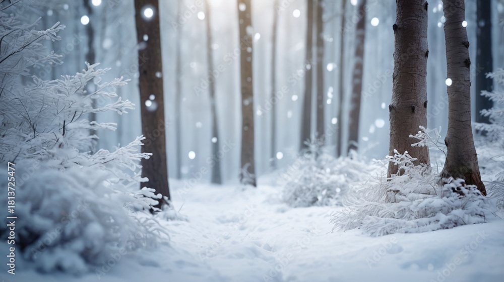 Fototapeta premium Enchanting snow falls gently in a winter forest wonderland, creating a serene and peaceful scene perfect for holiday cards and seasonal promotions