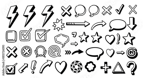 Hand Drawn Doodle Icon Set. Sketchy Black and White Vector Symbols Collection with Arrows, Checkmarks, Speech Bubbles, Stars, Hearts, and More.