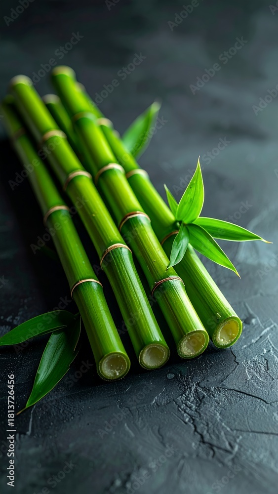 Obraz premium Vibrant green bamboo stalks with fresh leaves on a dark textured background, symbolizing growth and tranquility.