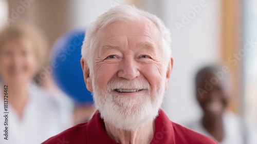 Smiling Senior: A portrait of a joyful senior citizen, radiating contentment and well-being, framed with a soft focus background of supportive care and physical therapy. 
