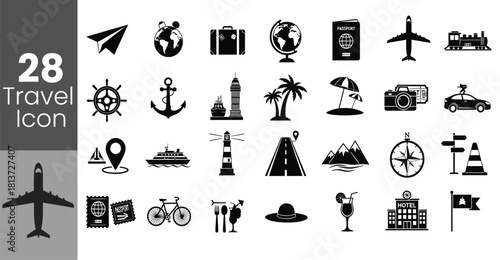 Collection of 28 black travel and transportation icon set for vacation planning and tourism concept