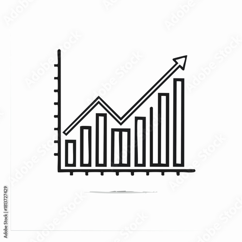 Black and white sketch of a bar graph with a fluctuating line graph and upward arrow chart bar chart