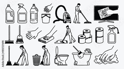 Cleaning Icons Collection Set Housekeeping Pictograms Vector Illustration Background Design