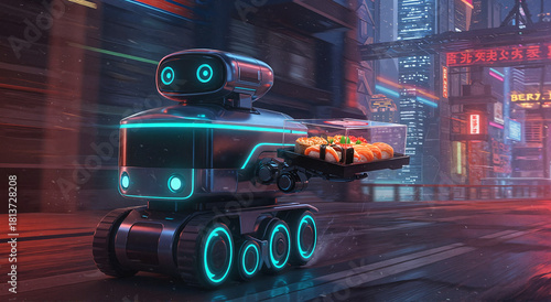 Futuristic robot delivering food in neon-lit urban environment  