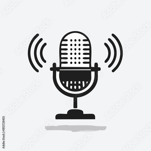 Detailed Black Silhouette of a Vintage Microphone with Sound Waves and Shadow audio recording